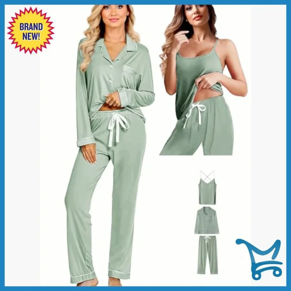 3-Piece Knit Pajama Set with Cami Top, Long Sleeve & Pants, Relaxed Fit